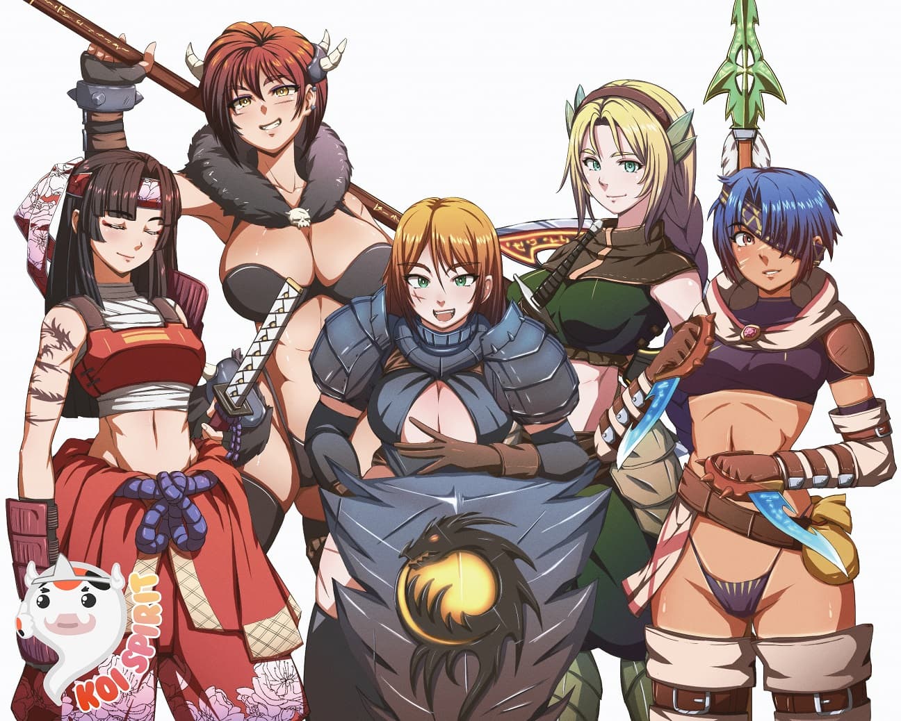 A party of five adventurers — a warrior, an archer, a mage, a ranger and a rogue — posing together.