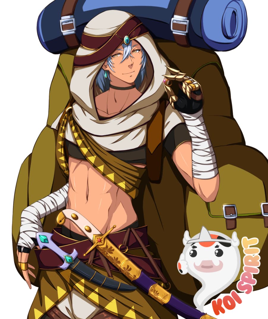 A hooded adventurer with a large travel pack and bandaged arms, one hand raised in greeting.