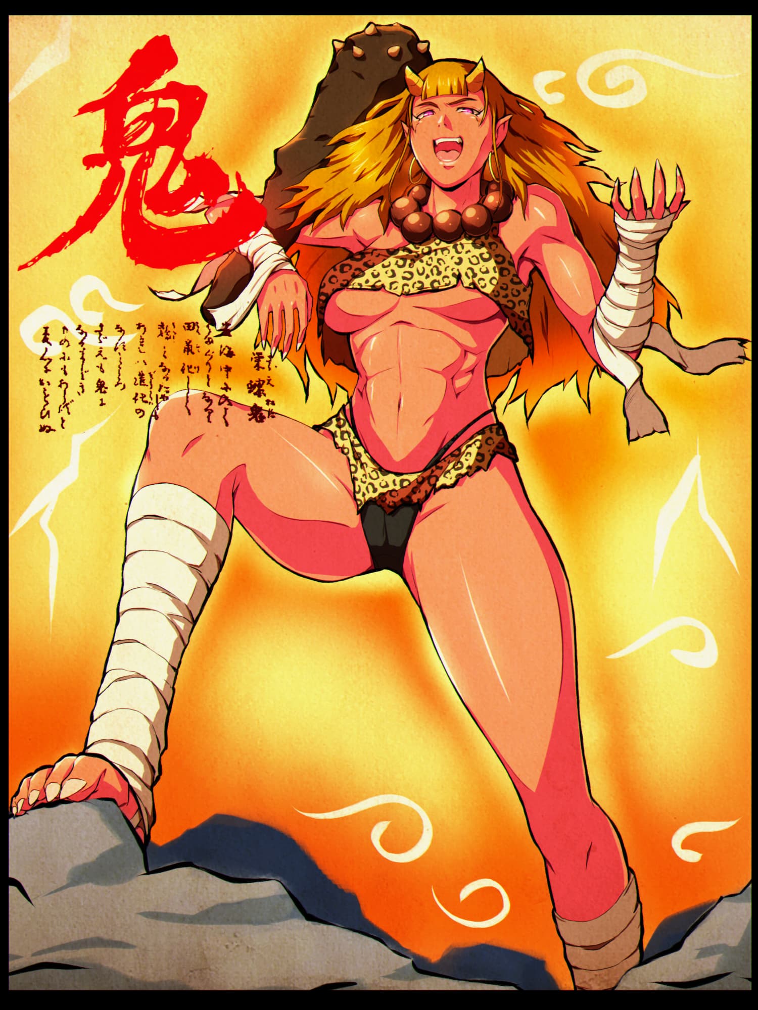 Alice as a red-skinned oni with a tiger-print outfit and a club, laughing against a fiery background.