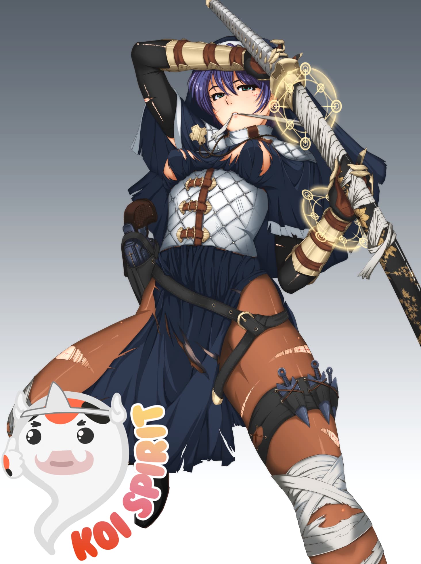 A purple-haired nun in chainmail and a habit, resting a large sword on her shoulder.