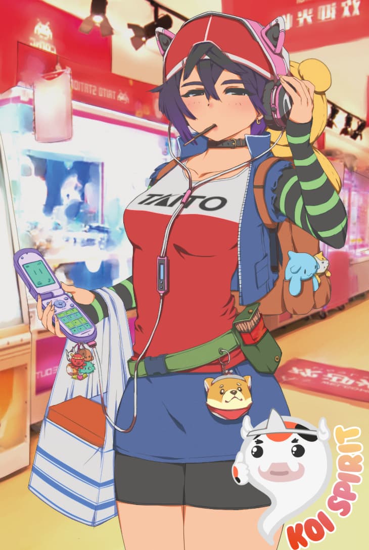 A woman in a red cap and headphones holds a shopping bag and a stuffed toy in a game arcade.