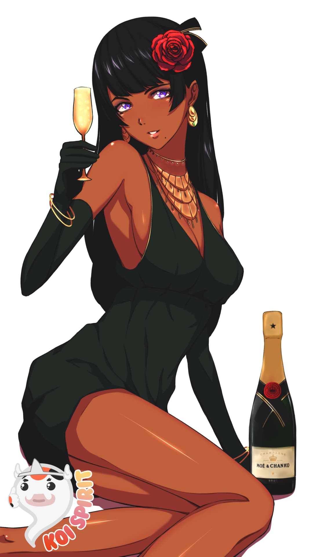 A woman in a black evening dress and gloves holds up a glass of champagne beside the bottle.