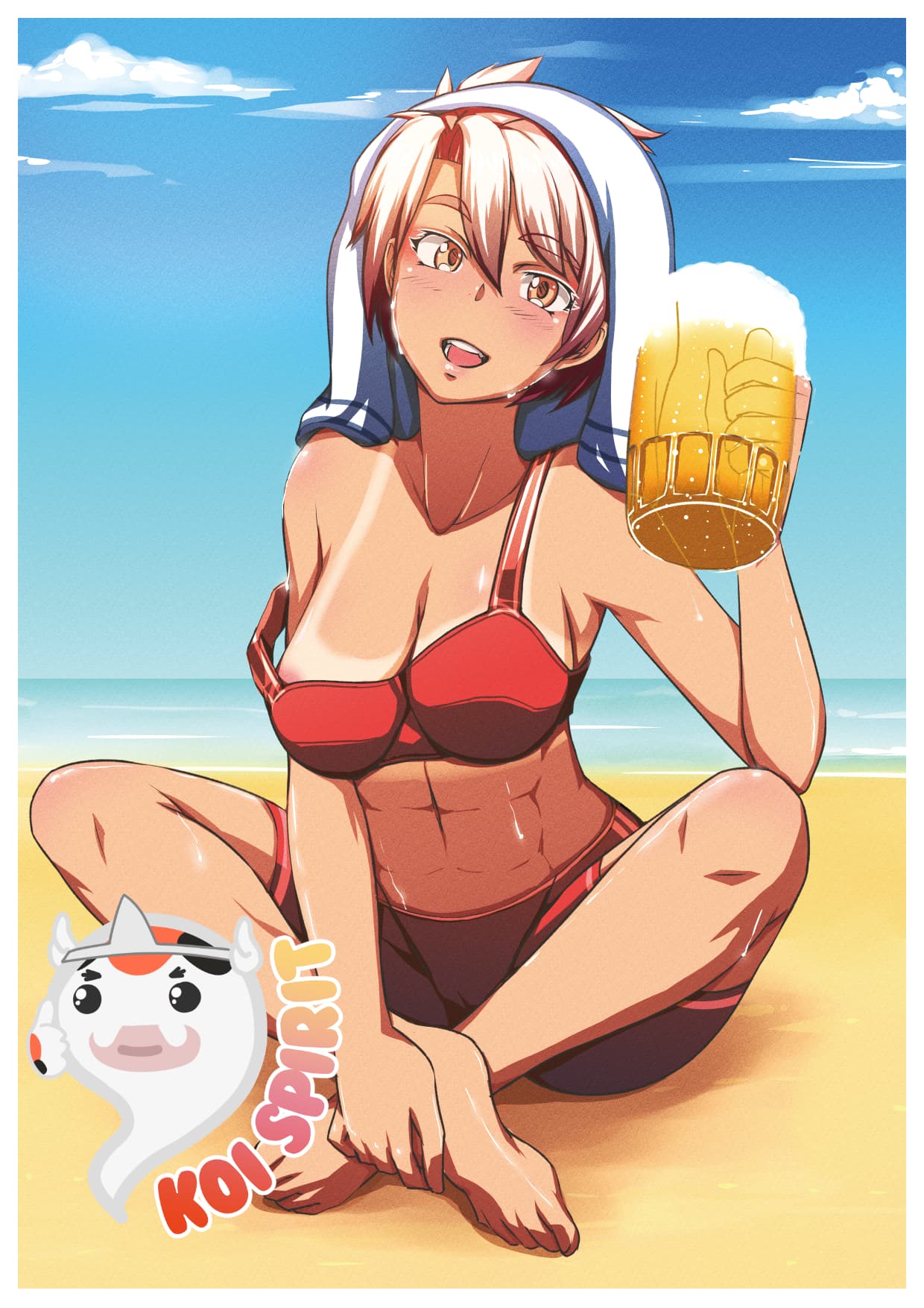 A woman in a red bikini sits on a beach and raises a full beer mug.