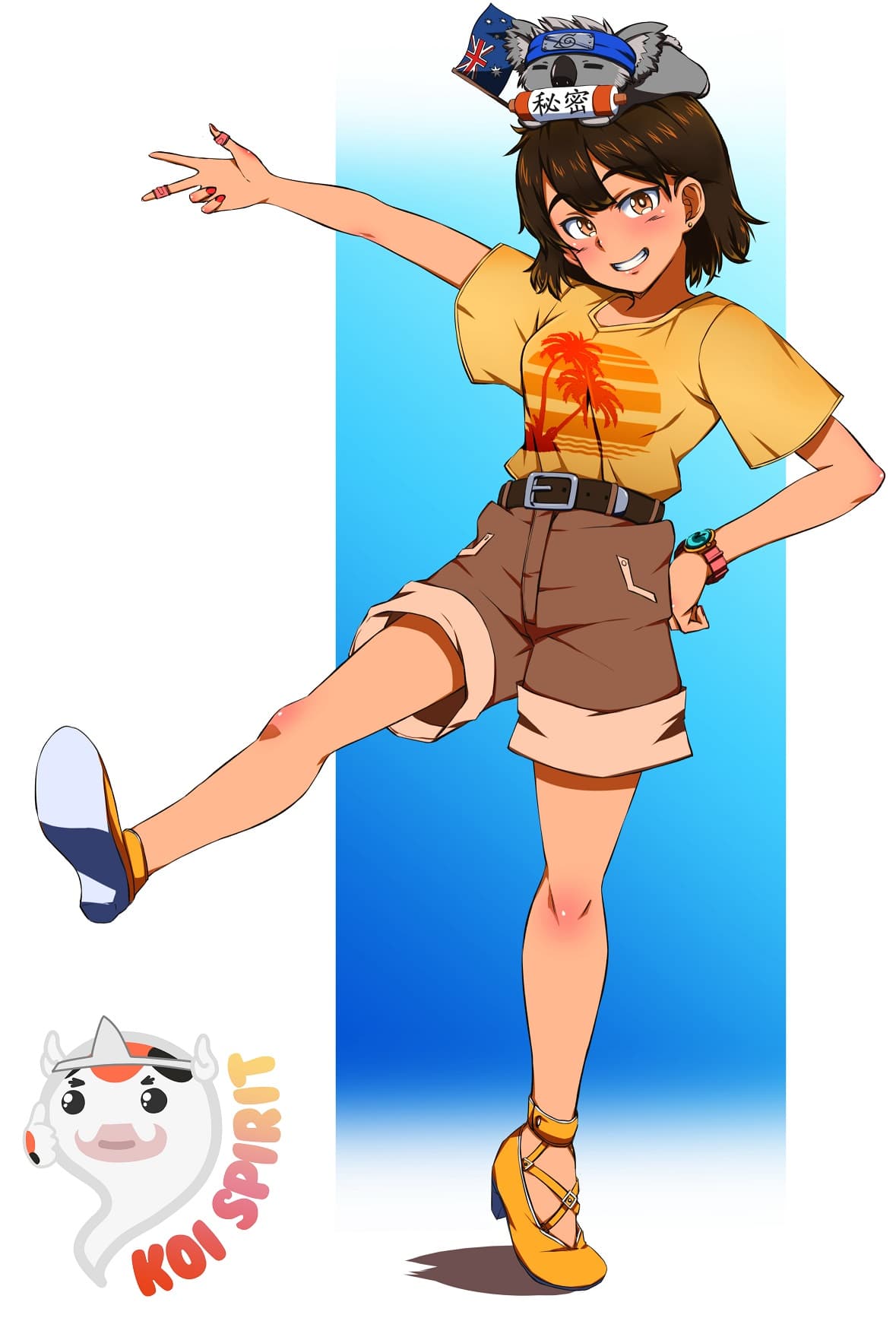 A short-haired woman in a yellow shirt and shorts balances a bag of ice on her head, one leg kicked up.