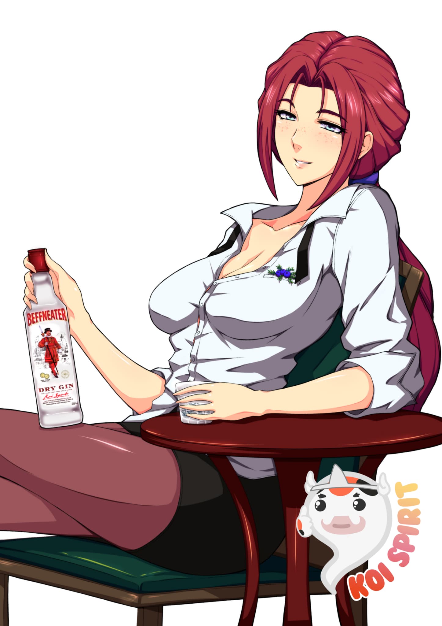A red-haired woman in a white shirt sits at a small table with a bottle of gin and a glass.