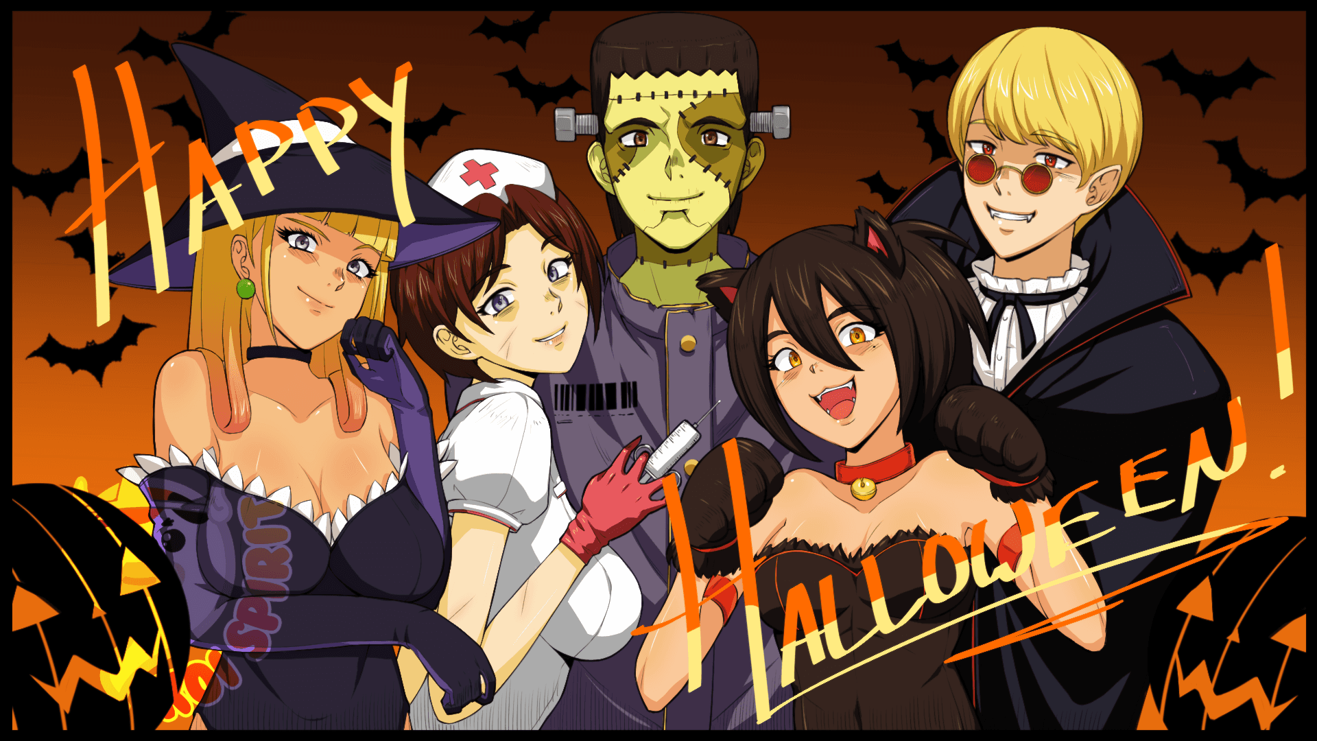 Five friends in Halloween costumes — a witch, a nurse, Frankenstein's monster, a devil and a vampire — in front of an orange sky with bats.