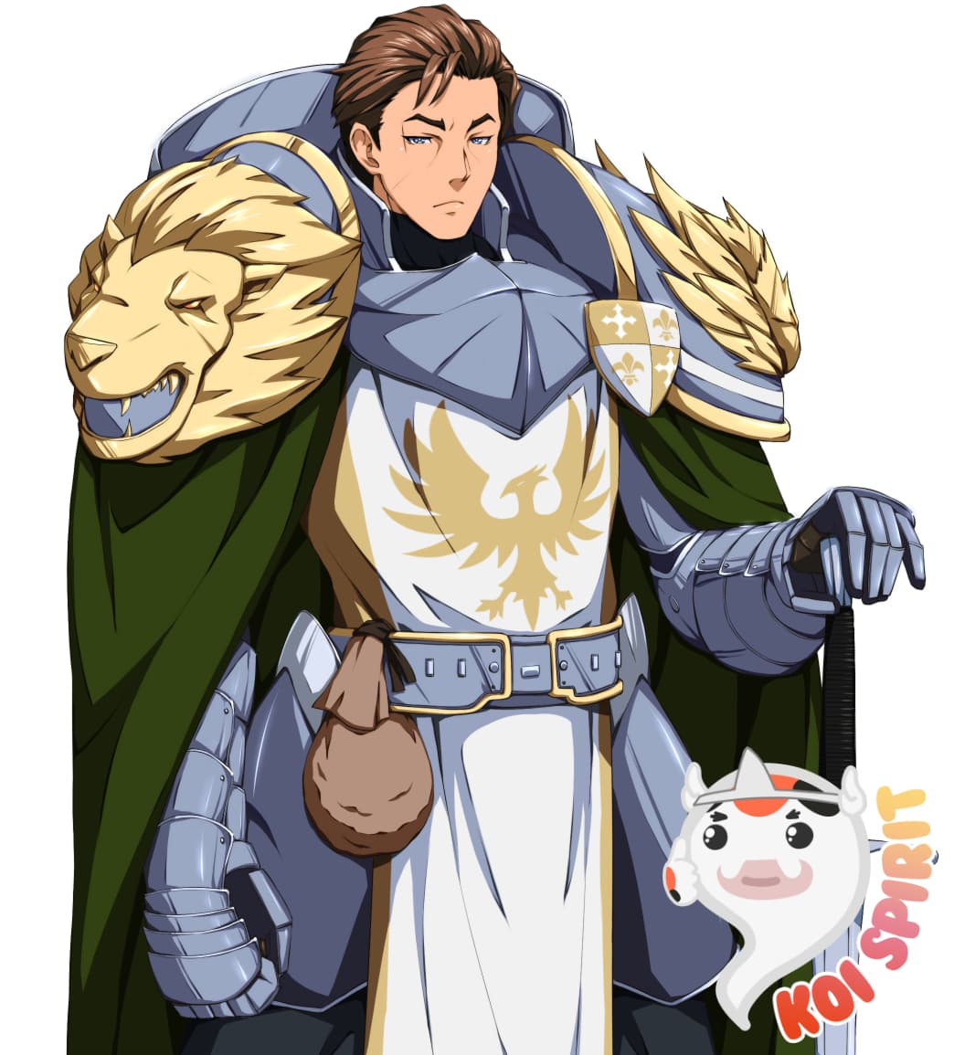 A knight in silver plate armour and a green cloak, with a golden lion's head on his shoulder.