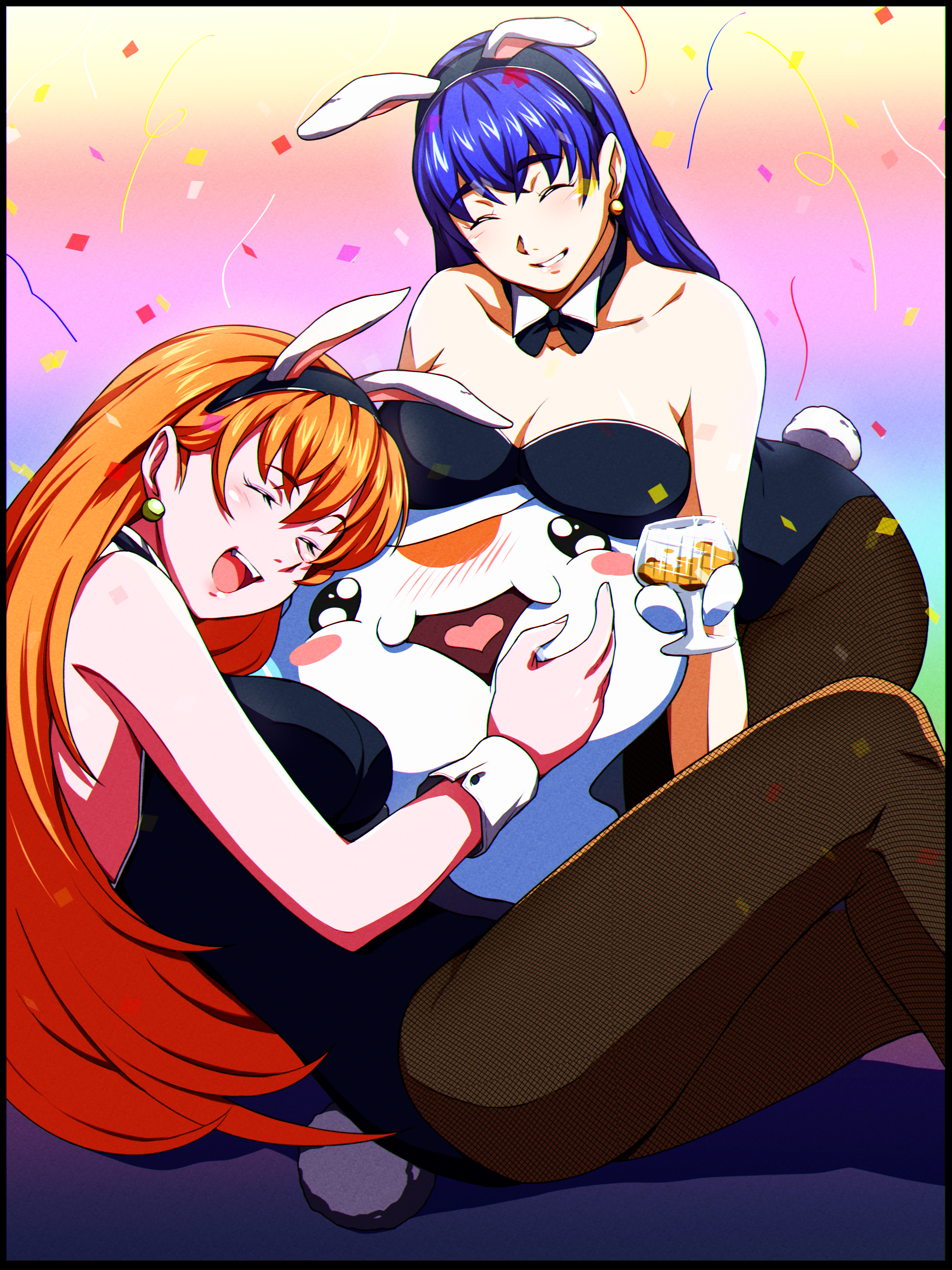 Two women in bunny-girl outfits hug the Koi Spirit mascot under falling confetti.