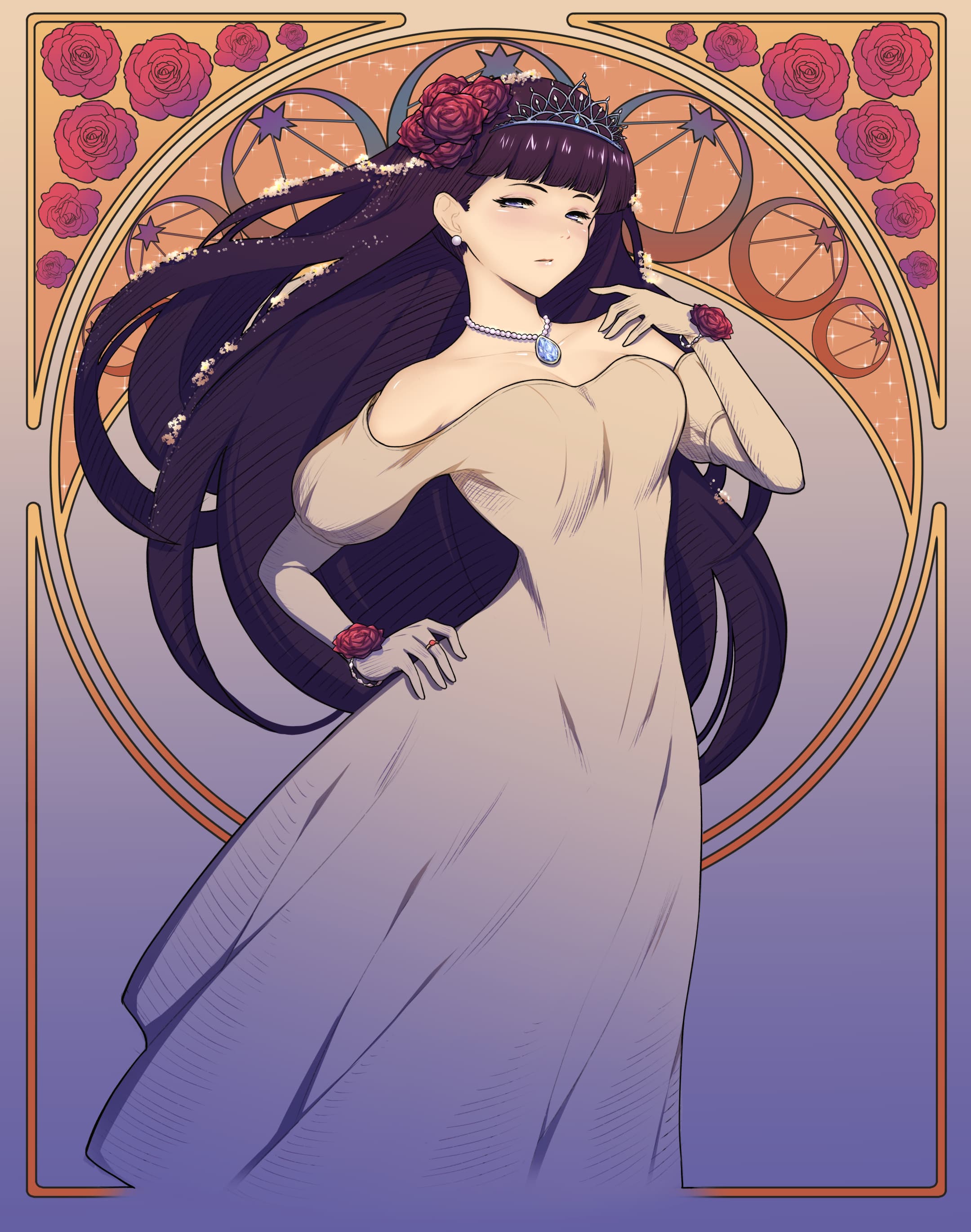 A long-haired woman in a flowing white gown, framed by an Art Nouveau arch of roses.