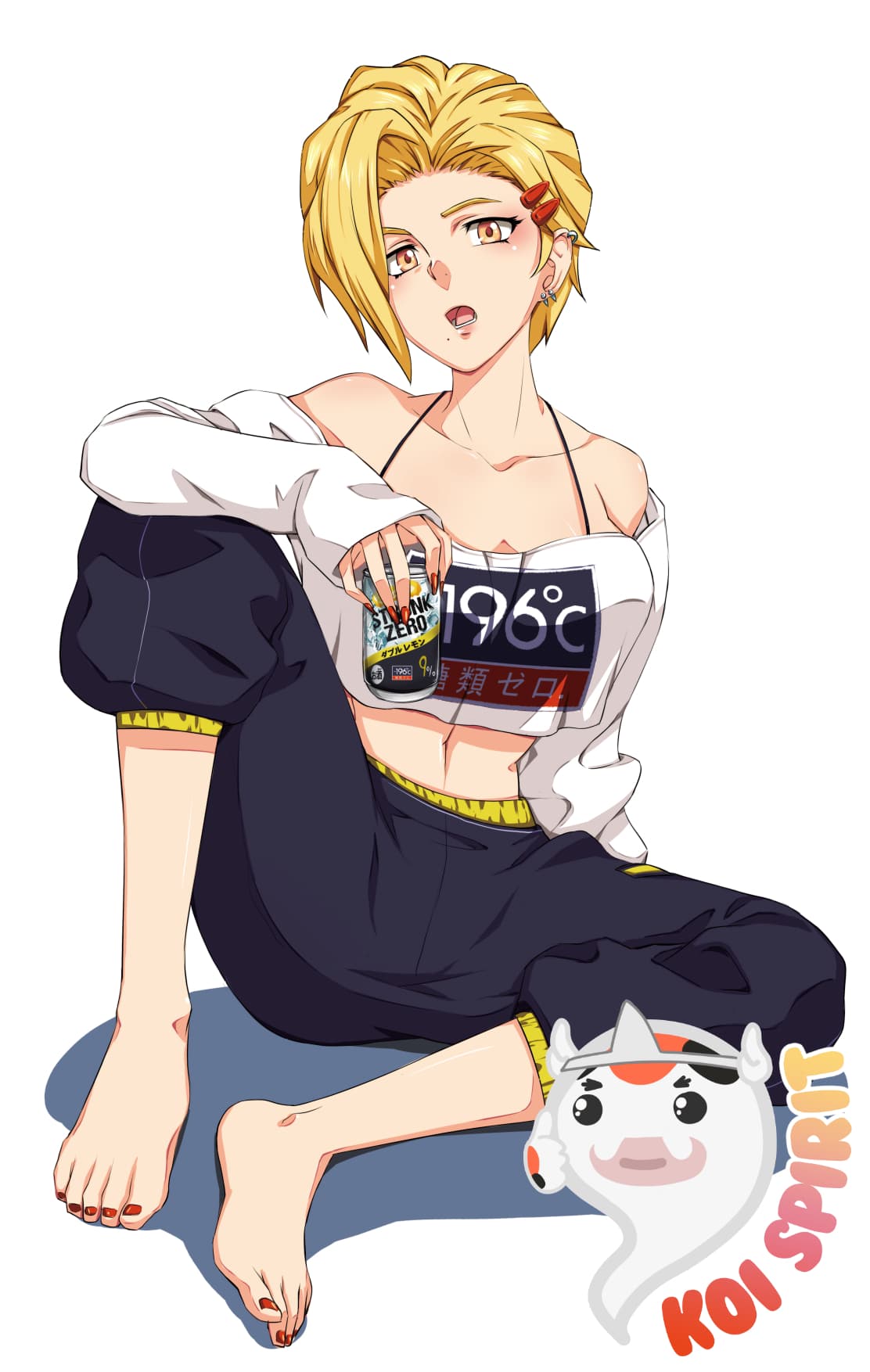 A blonde woman in a white top and black trousers sits on the floor holding a canned drink.