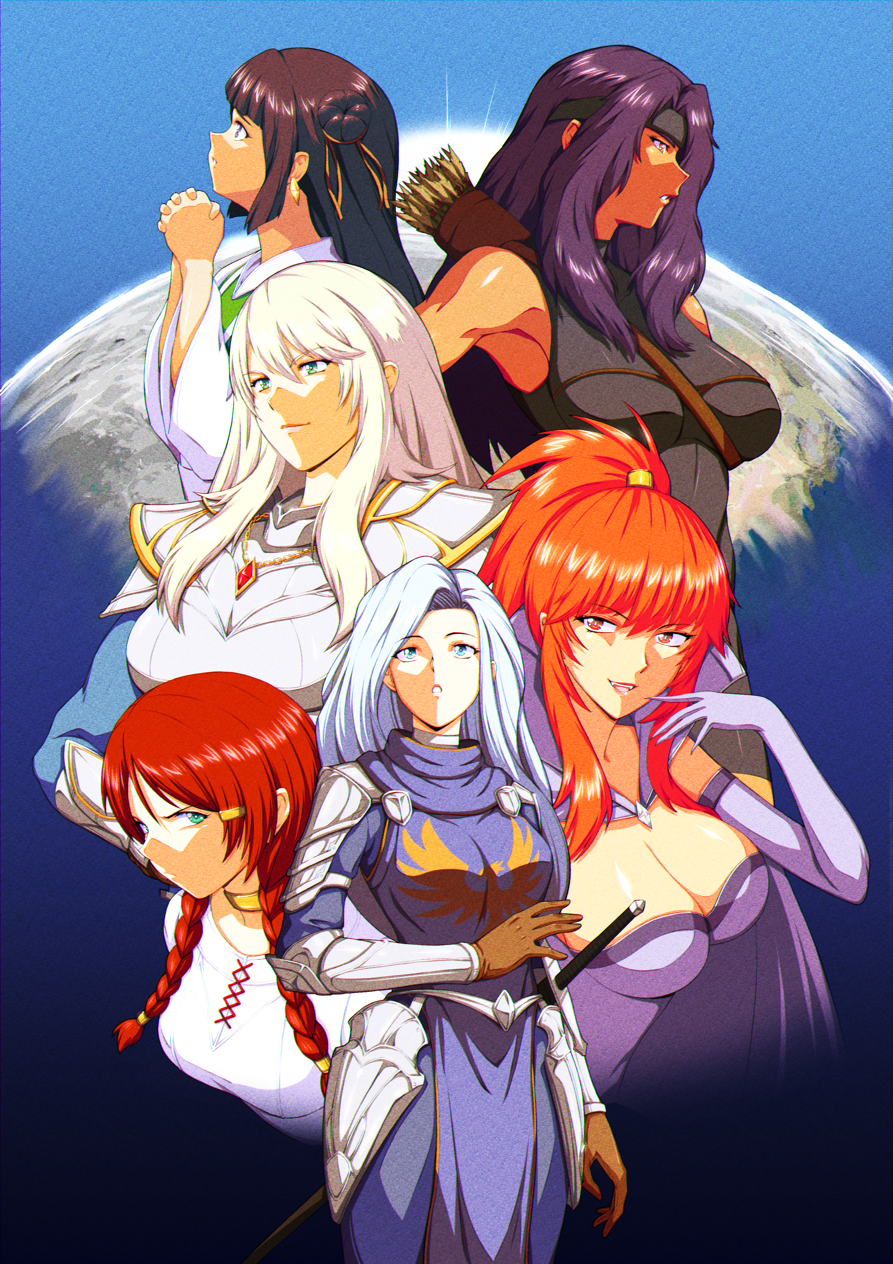 Six characters from Symphony of War gathered in front of a planet, in a nineties anime style.