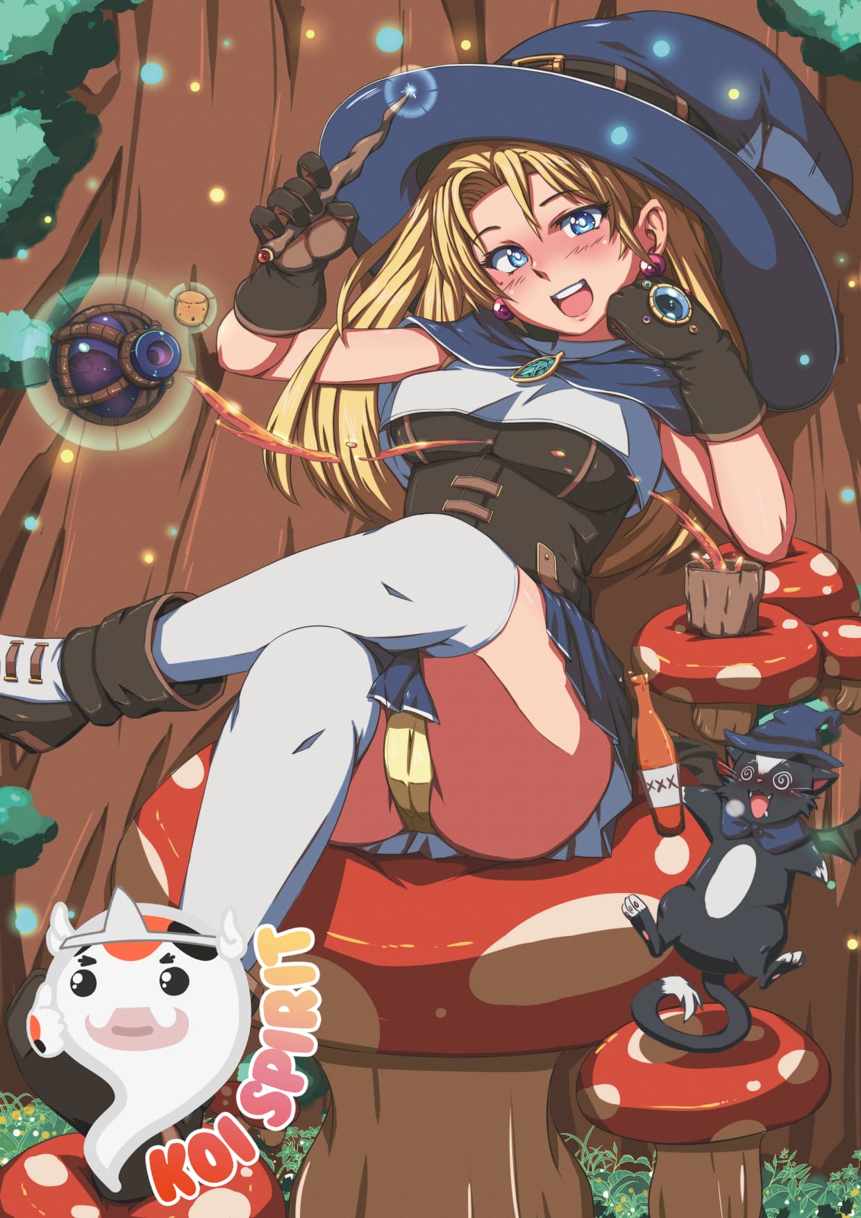 A cheerful young witch in a big blue hat sits on a giant red mushroom in a forest, a black cat at her side.