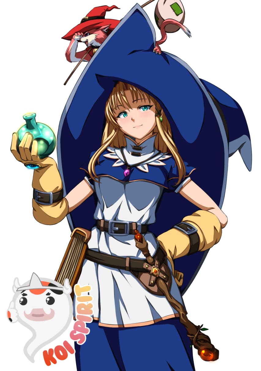 A witch in a wide blue hat and gold gloves holds up a green potion flask.